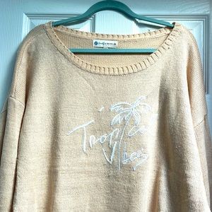XXL light tan “tropical vibes” sweater w/ palm tree